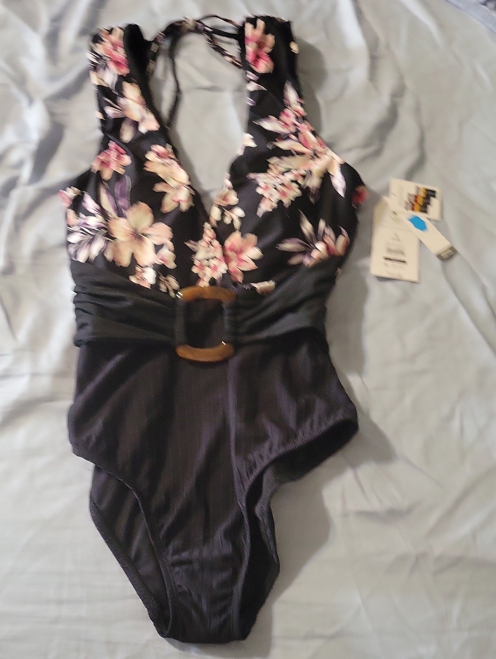 Time and Tru Black Floral One-Piece Swimsuit with Belt